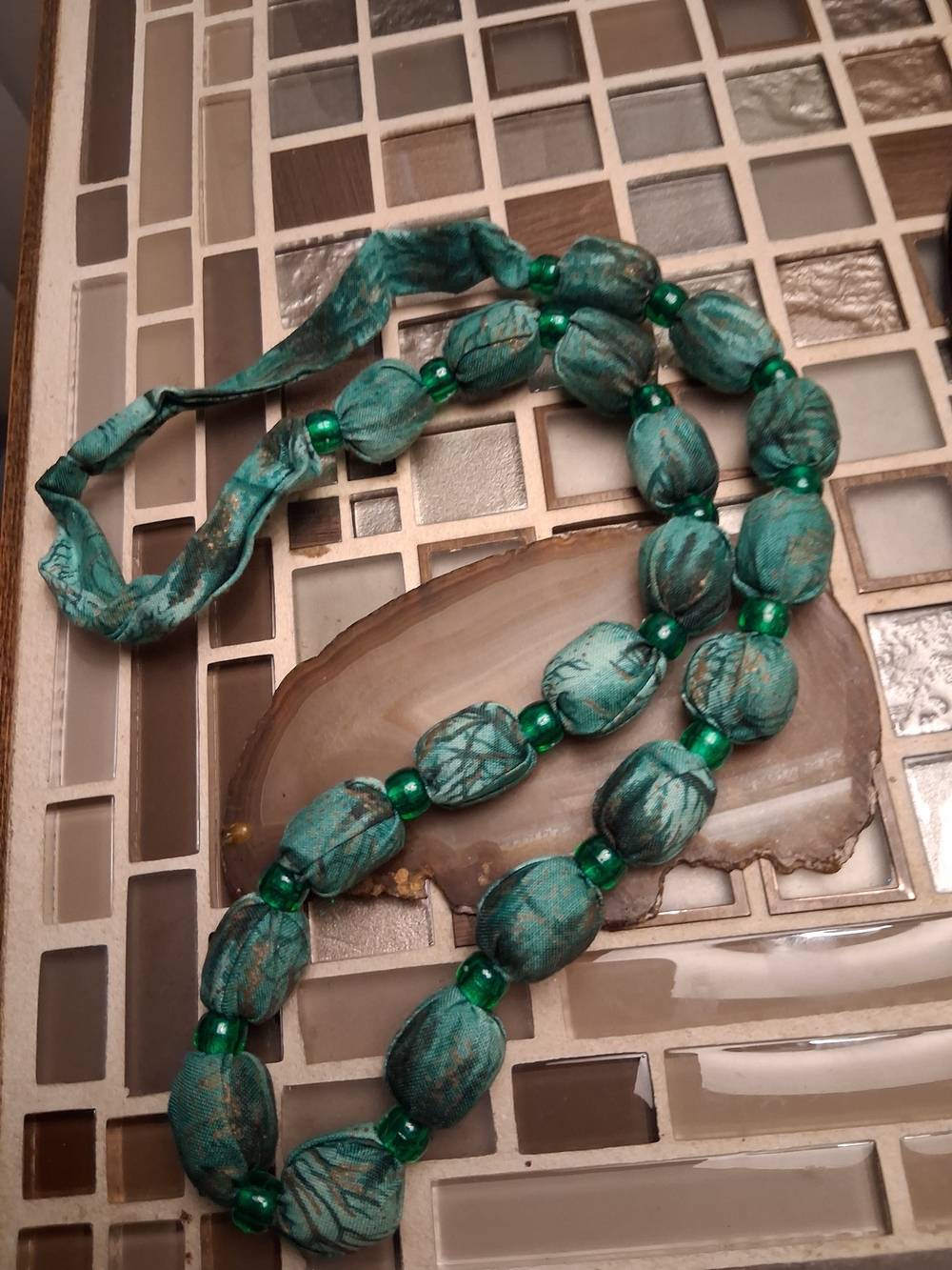 Vintage Teal Fabric Bead Necklace with Emerald Accents - Women Jewelry